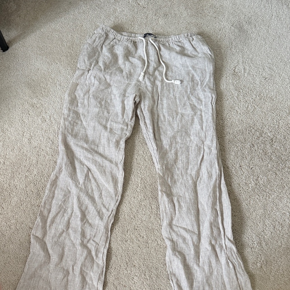 Brandy Melville Beige & White Striped Drawstring Pants